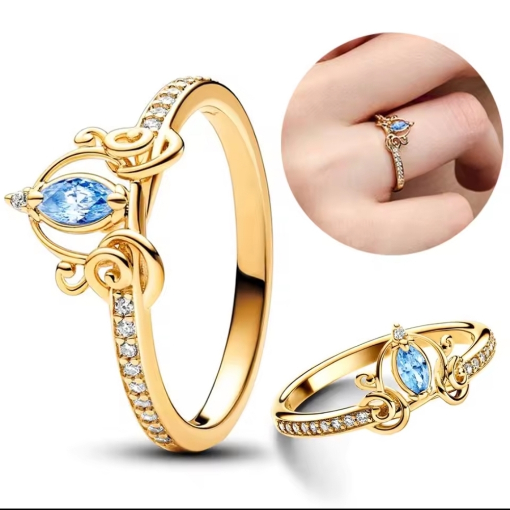 Elegant 925 Golden and Blue Gemstone Ring Sz 8